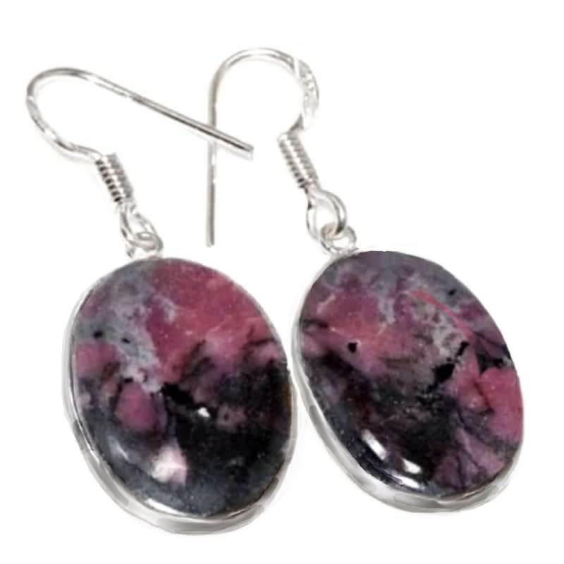 Handmade Natural Rhodonite Ovals Gemstone 925 Sterling Silver Plated Earrings