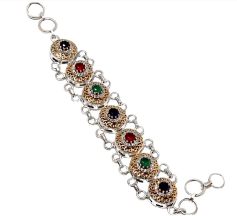 Turkish Faceted Emerald, Ruby, Zirconia Gemstone .925 Silver, Solid Brass Bracelet