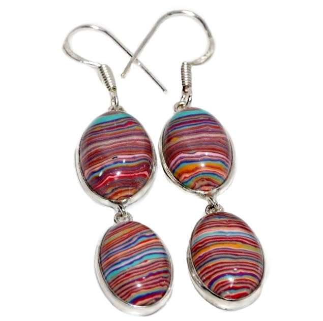 Rainbow Calsilica Gemstone set in .925 Sterling Silver Plated Drop Dangle HandamdeEarrings