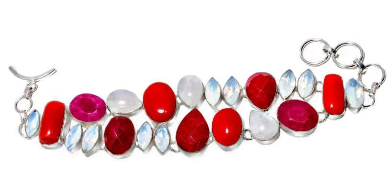 Natural Moonstone Cherry Ruby, Red Coral,Opalite Gemstone set in .925 Sterling Silve Plated Bracelet
