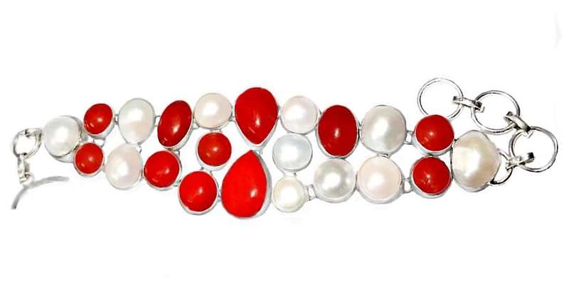 Handmade Bright Red Coral, White Pearl Gemstone set in .925 Sterling Silver One of a Kind Bracelet