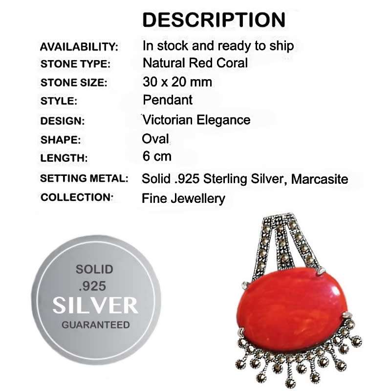 Victorian Style Natural Red Coral and Marcasite set in Solid .925 Sterling Silver Pendant