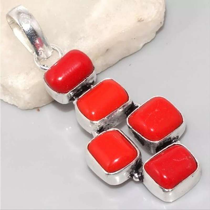 Vibrant Red Coral Oval set in .925  Sterling Silver Plated Handmade Geometric Pendant