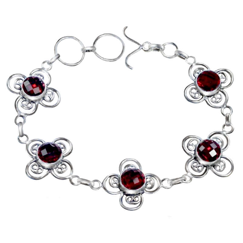 Round Faceted Garnet Gemstones set in .925 Sterling Silver Plated Handmade Floral Setting Bracelet