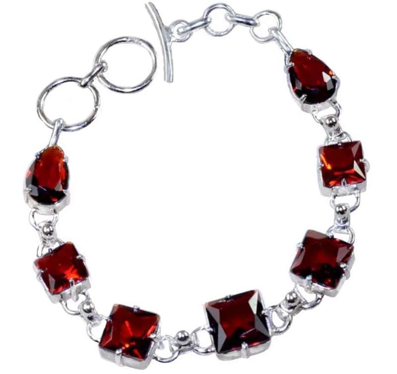 Faceted Garnet Squares Gemstones set in .925 Sterling Silver Plated Handmade Bracelet