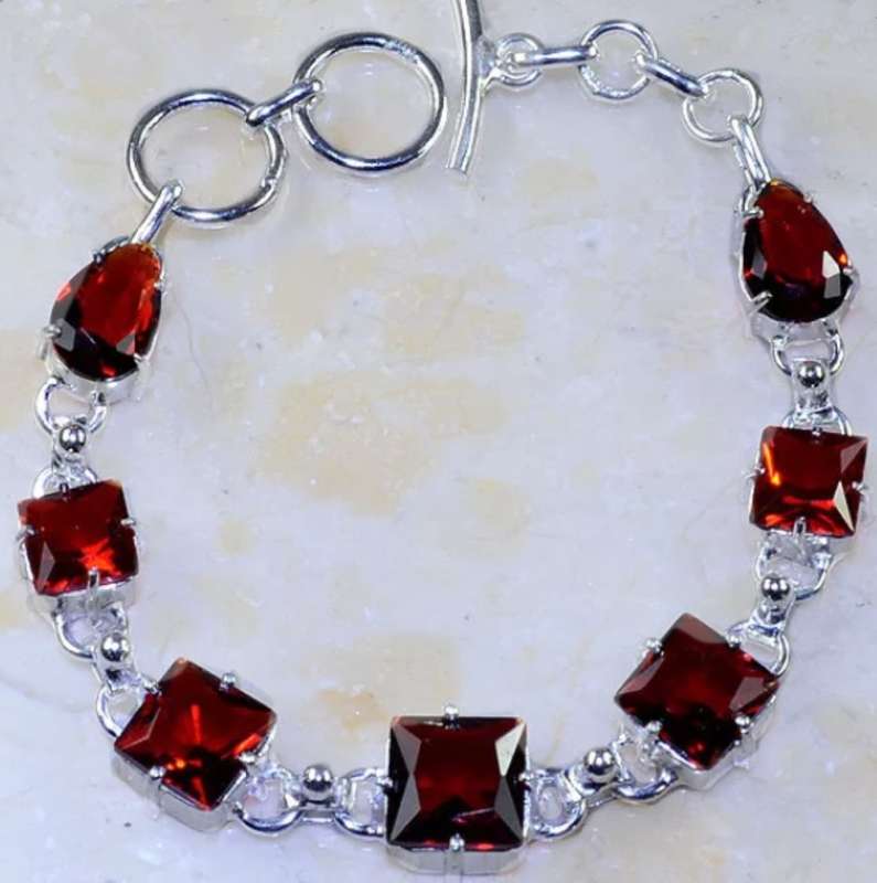 Faceted Garnet Squares Gemstones set in .925 Sterling Silver Plated Handmade Bracelet