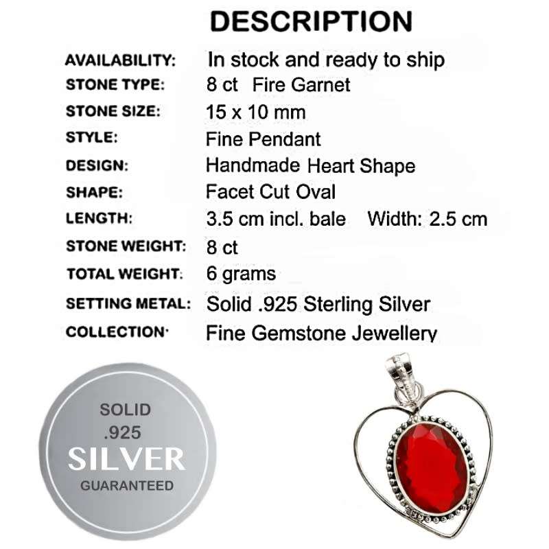 8ct Fire Garnet Gemstone set in Solid .925 Sterling Silver Heart Shape Pendant