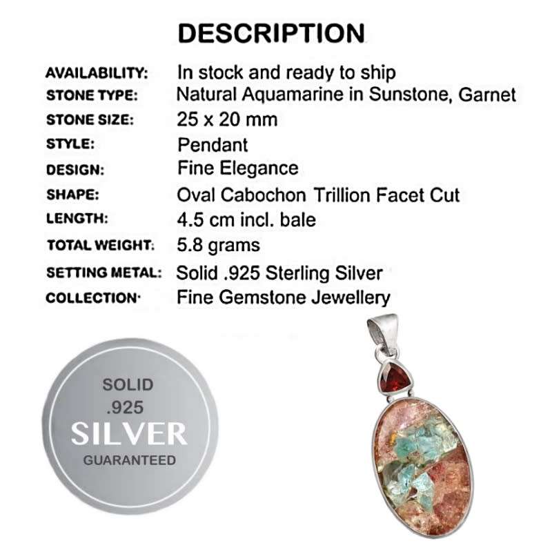 Limited Edition Natural Aquamarine in Sunstone Garnet set in Solid .925 Sterling Silver Pendant