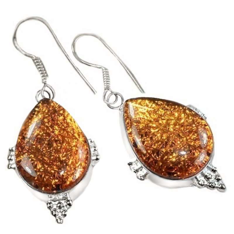 Coppery Tone Dichroic Glass Gemstones .925  Sterling Silver Plated Earrings