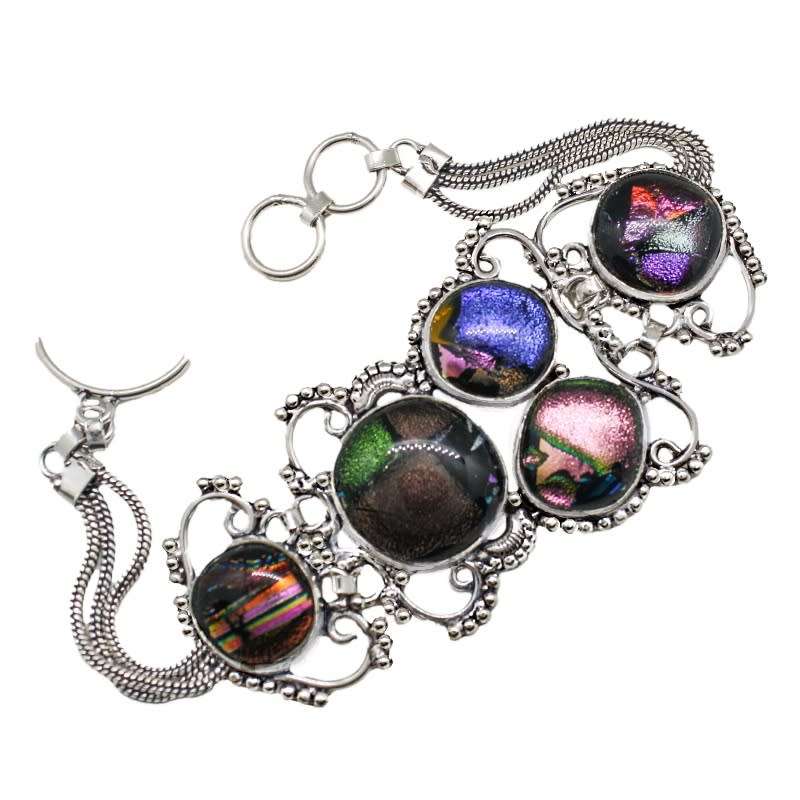 Handmade Fancy Dichroic Glass Cabochons Gemstone .925 Sterling Silver Plated Bracelet