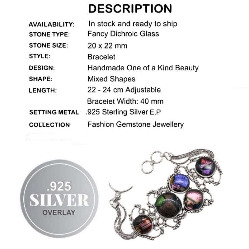 Handmade Fancy Dichroic Glass Cabochons Gemstone .925 Sterling Silver Plated Bracelet