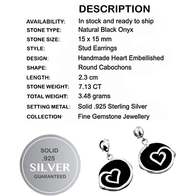Natural Black Onyx Gemstone set in Solid .925 Sterling Silver Stud Dainty Earrings
