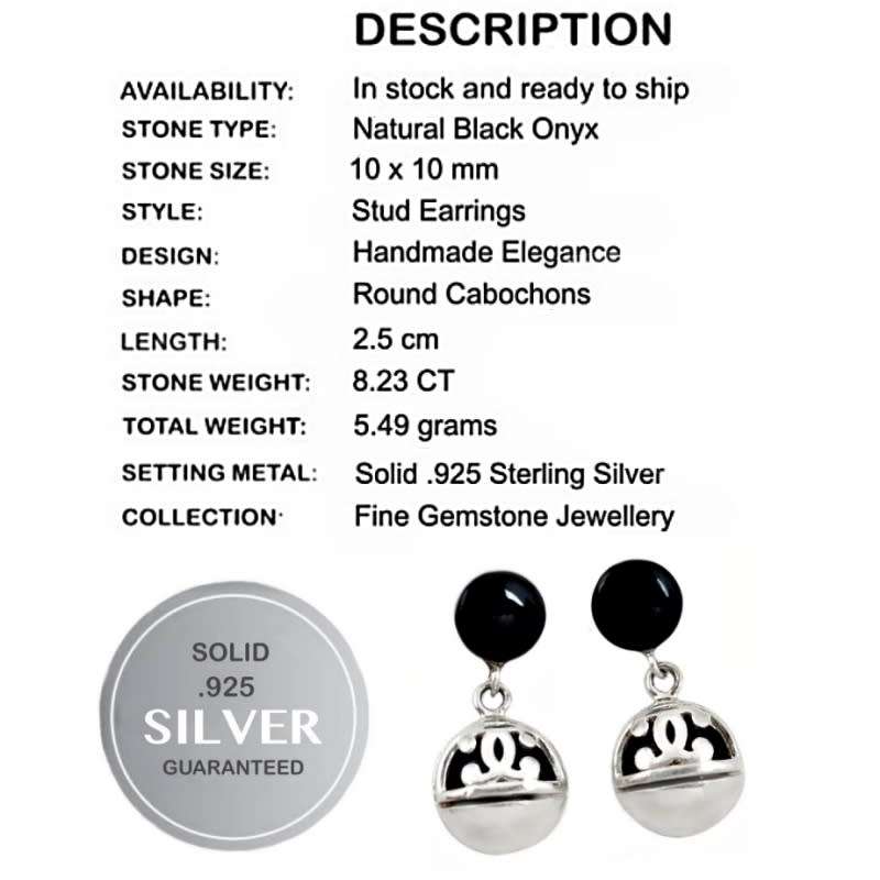 Natural Black Onyx Gemstone set in Solid .925 Sterling Silver Drop Dangle Stud Earrings