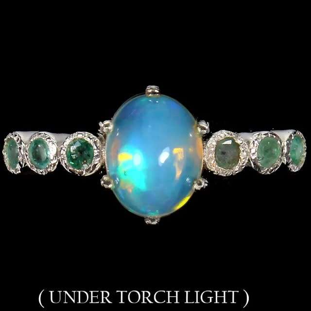 Natural Unheated Ethiopian Fire Opal and Emerald in Solid .925 Sterling Ring Size 8 or Q