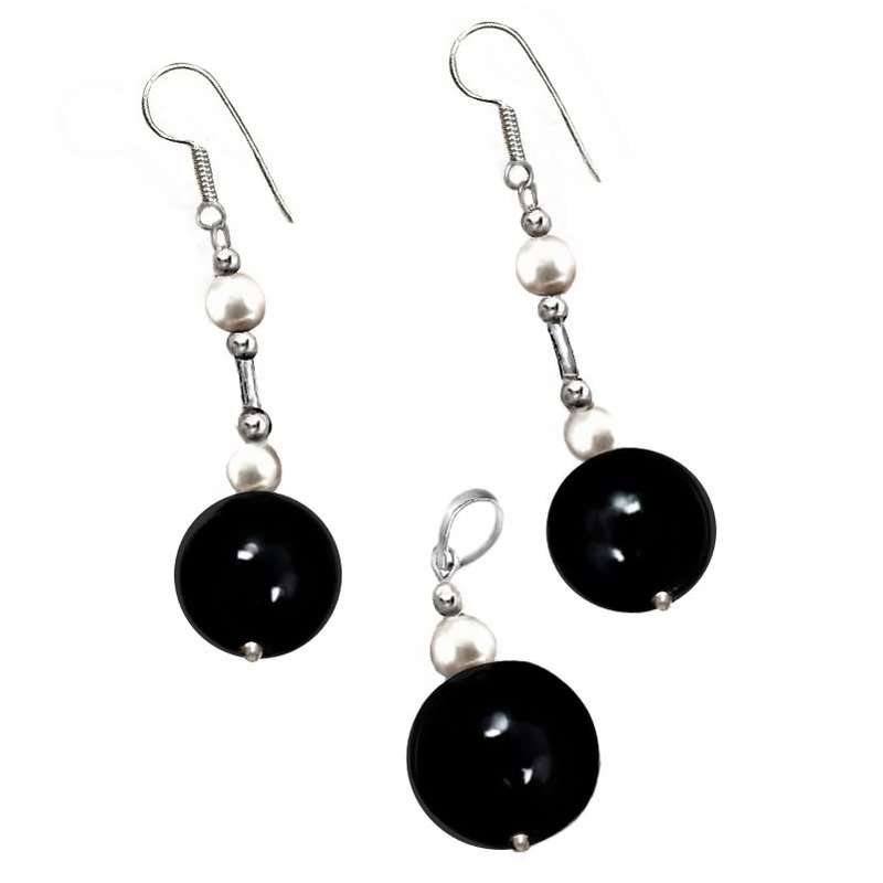 Natural Round Black Onyx, White Pearl set in.Solid 925 Sterling Silver Pendant & Earrings Set