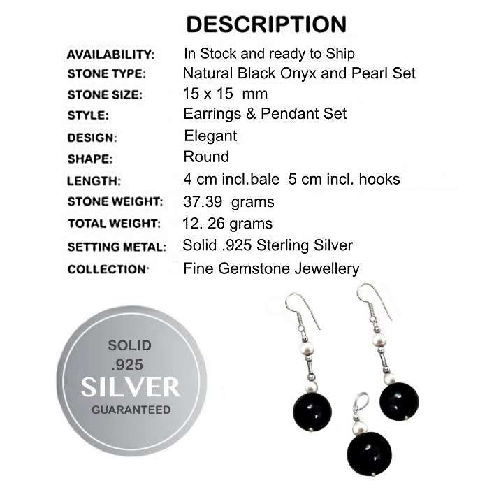 Natural Round Black Onyx, White Pearl set in.Solid 925 Sterling Silver Pendant & Earrings Set