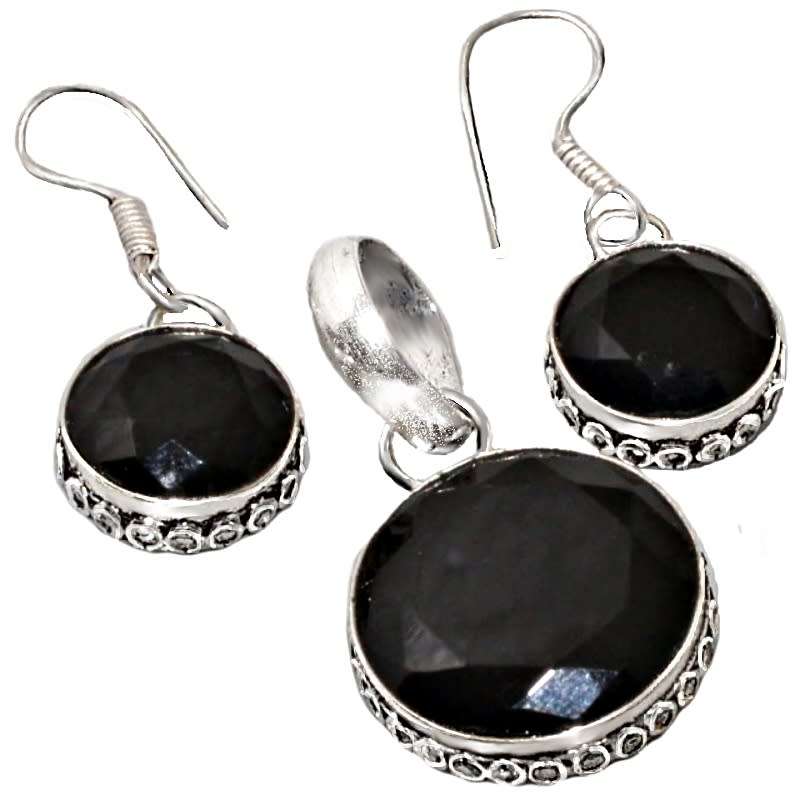 Dainty Natural Round Black Onyx set in .925 Sterling Silver Plated Handmade Pendant & Earrings Set