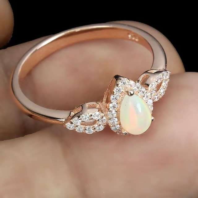 Natural Ethiopian Fire Opal AAA White Cubic Zirconia Gemstone Solid .925 Sterling 14K Rose Gold Ring