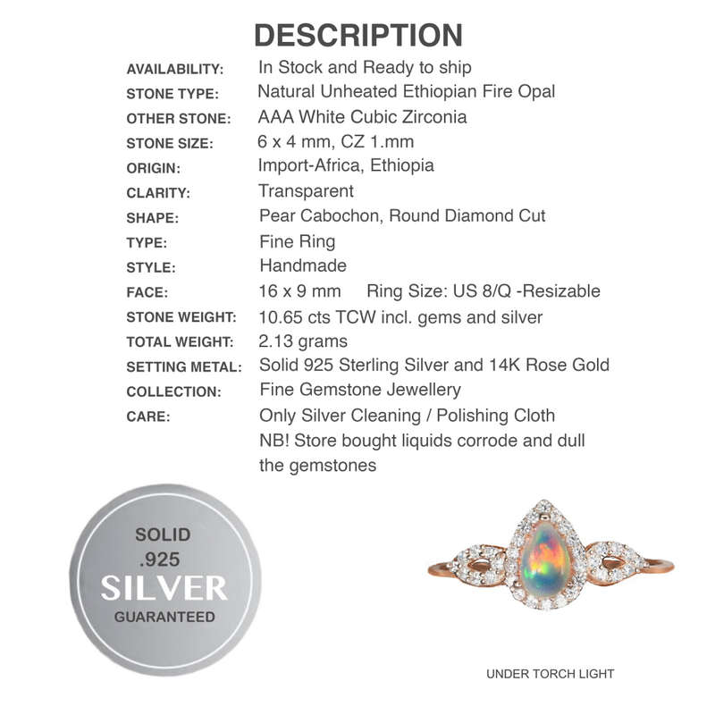 Natural Ethiopian Fire Opal AAA White Cubic Zirconia Gemstone Solid .925 Sterling 14K Rose Gold Ring