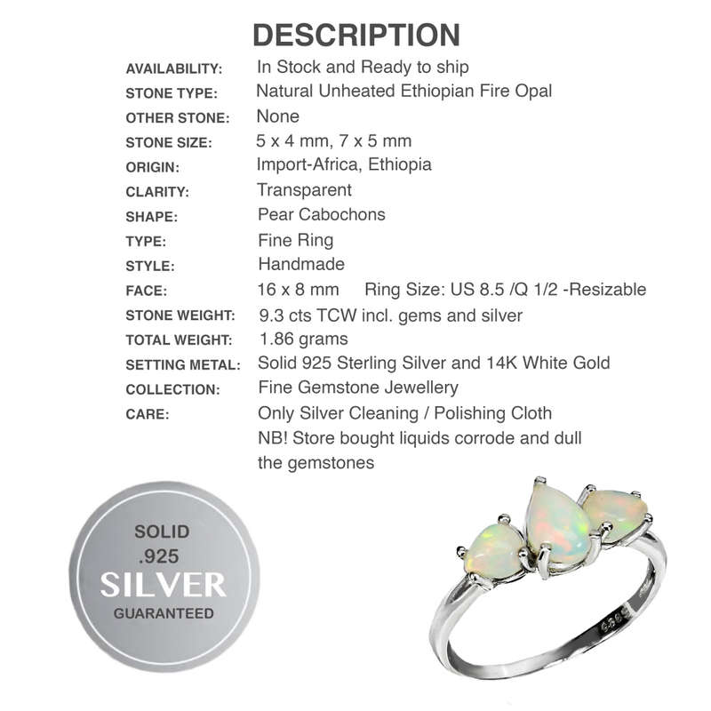 Natural Unheated Ethiopian Fire Opal Gemstone Pears set in Solid .925 Sterling Ring Size US 8.5