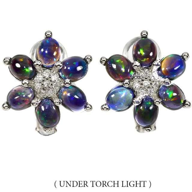 Deluxe Natural Unheated Rainbow Full Flash Black Fire Opal Solid .925 Sterling Silver Earrings