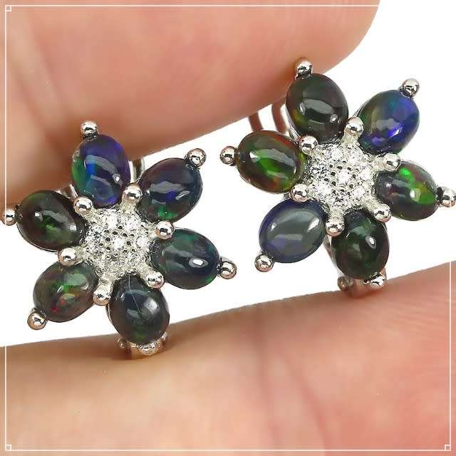 Deluxe Natural Unheated Rainbow Full Flash Black Fire Opal Solid .925 Sterling Silver Earrings
