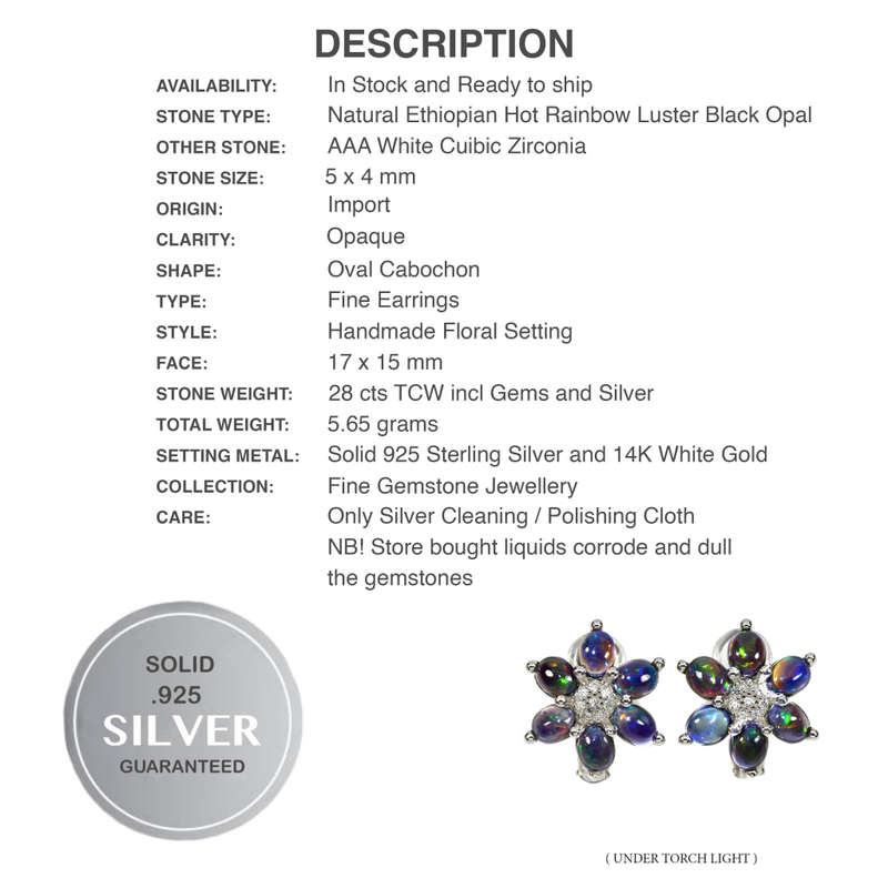 Deluxe Natural Unheated Rainbow Full Flash Black Fire Opal Solid .925 Sterling Silver Earrings