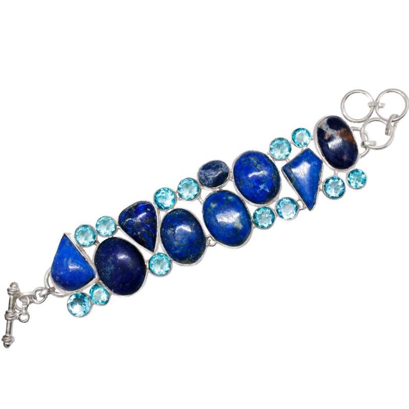 Handmade Natural Lapis Lazuli, Swiss Blue Topaz Gemstone .925 Sterling Silver Plated Bracelet
