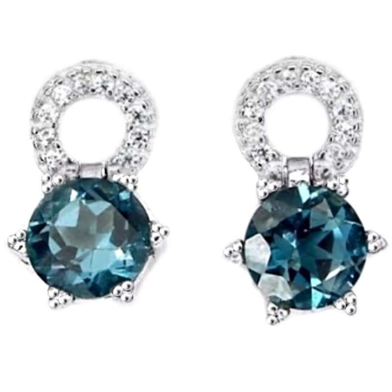 Natural London Blue Topaz and White CZ in Solid .925 Sterling Silver 14K White Gold Stud Earrings