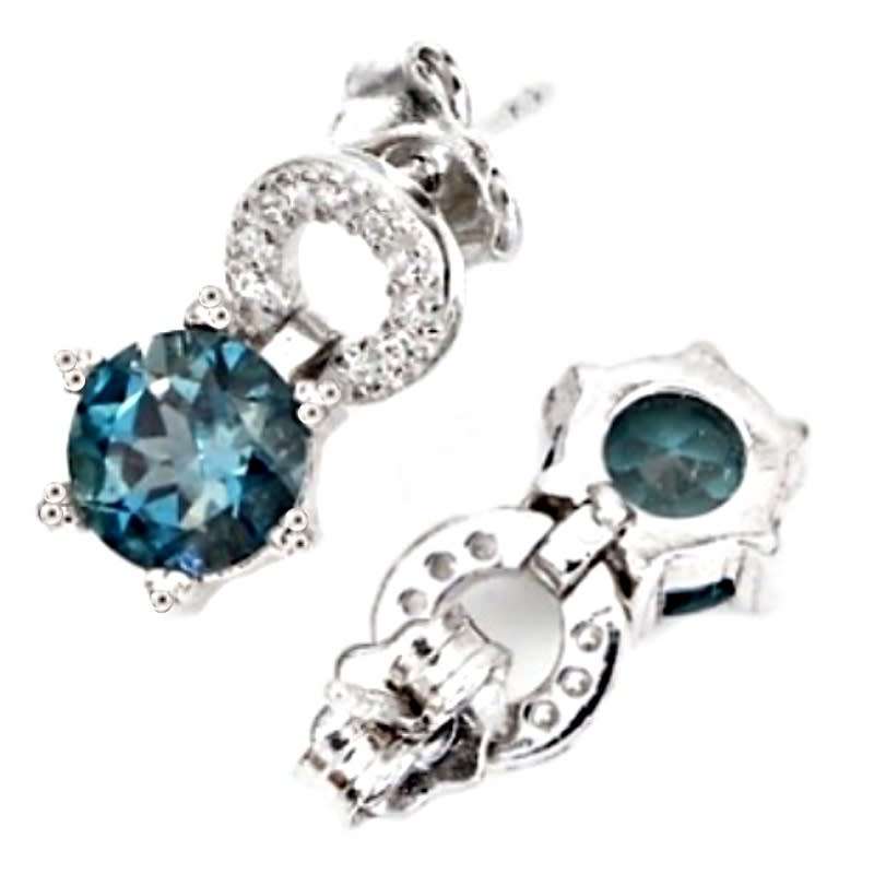 Natural London Blue Topaz and White CZ in Solid .925 Sterling Silver 14K White Gold Stud Earrings