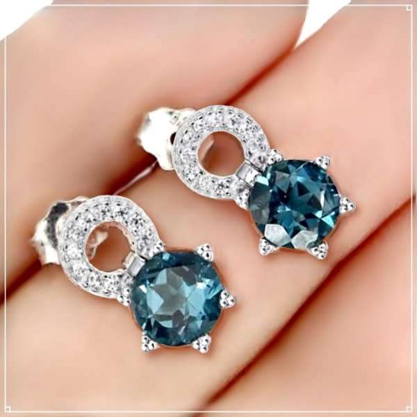 Natural London Blue Topaz and White CZ in Solid .925 Sterling Silver 14K White Gold Stud Earrings