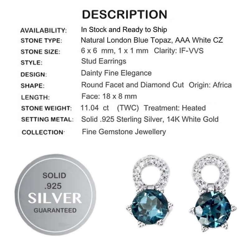 Natural London Blue Topaz and White CZ in Solid .925 Sterling Silver 14K White Gold Stud Earrings