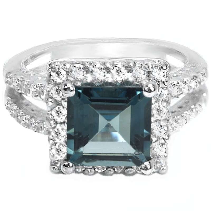 Natural London Blue Topaz & White CZ in Solid .925 Sterling Silver 14K White Gold Ring Size 5.5 / L