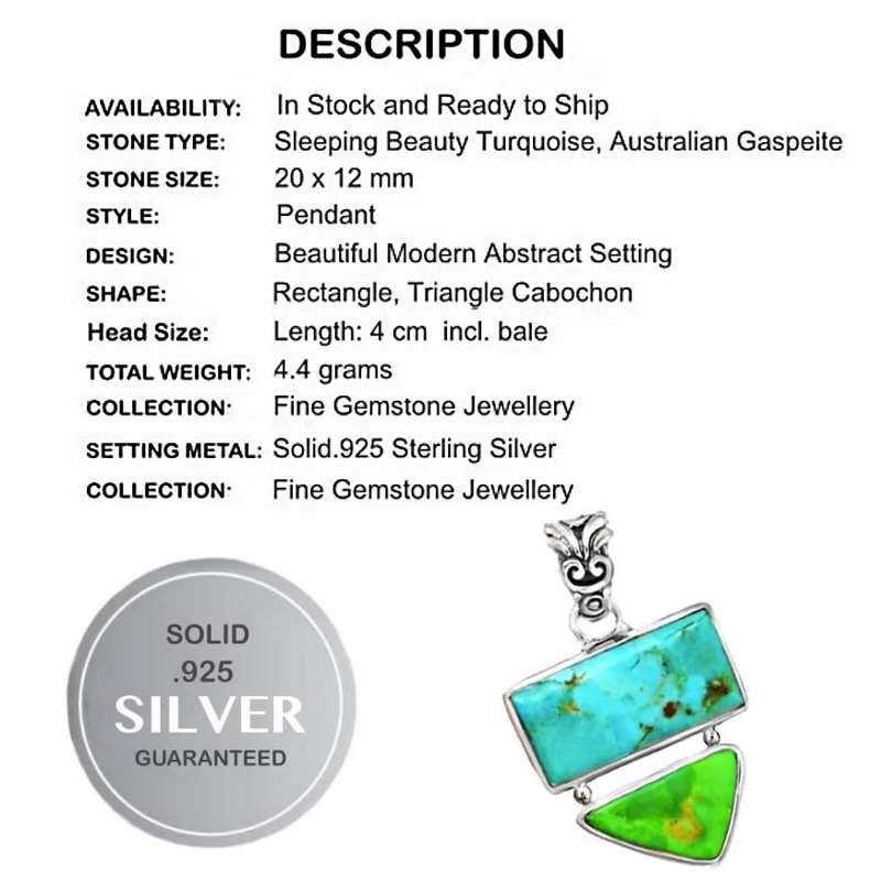 Natural Sleeping Beauty Turquoise and Australian Gaspeite set in Solid .925 Sterling Silver Pendant