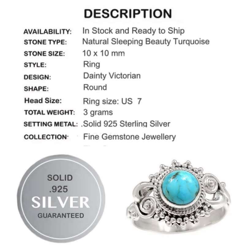 Natural Sleeping Beauty Turquoise Gemstone Set in Solid .925 Sterling Silver Ring Size 7 or O