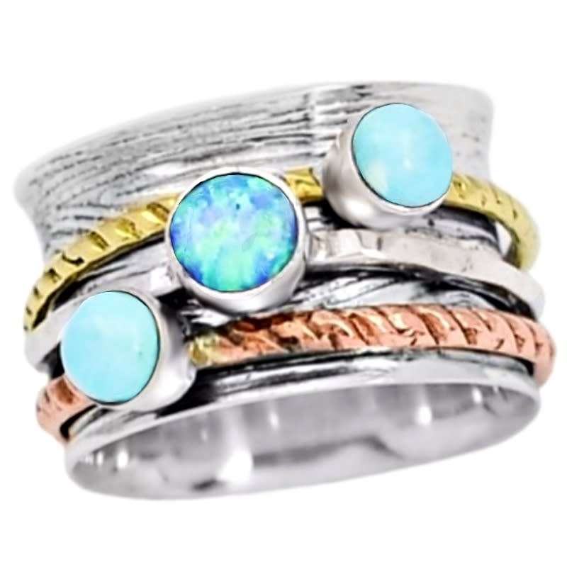 Victorian Two Tone Spinner Ring Natural Turquoise Fire Opal Gemstone Solid .925 Silver Size 7 or O