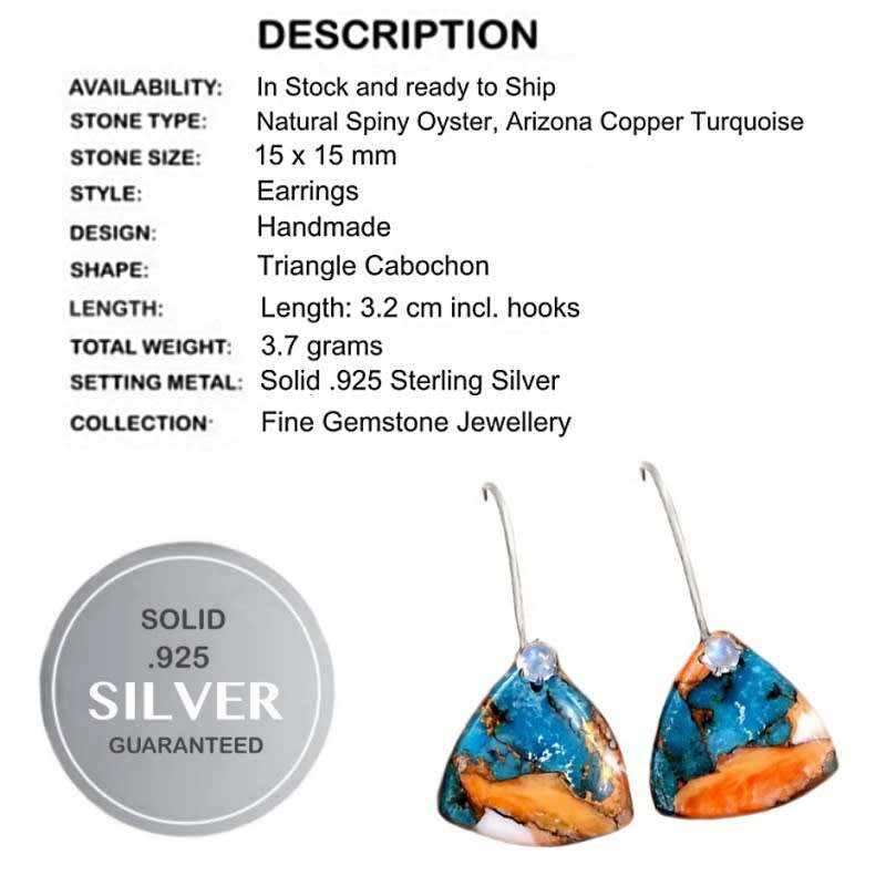 Natural Spiny Oyster Arizona Copper Turquoise Gemstone set in Solid .925 Sterling Silver Earrings