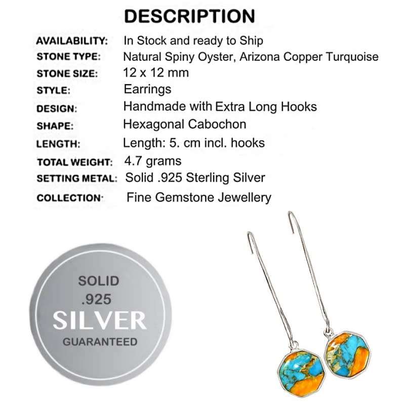 Natural Spiny Oyster Arizona Turquoise Gemstone set in Solid .925 Sterling Silver Earrings