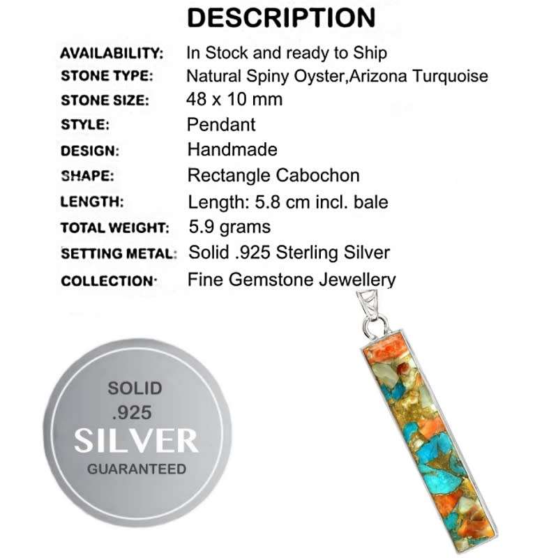 Natural Spiny Oyster Arizona Turquoise Gemstone set in Solid .925 Sterling Silver Pendant