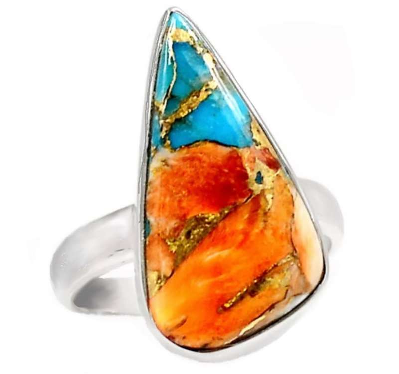 Natural  Spiny Oyster SW Arizona Copper Turquoise Solid set in.925 Sterling Silver Ring size 7.5 / P