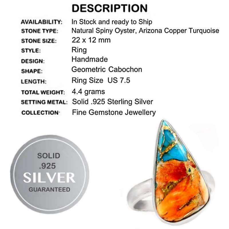Natural  Spiny Oyster SW Arizona Copper Turquoise Solid set in.925 Sterling Silver Ring size 7.5 / P