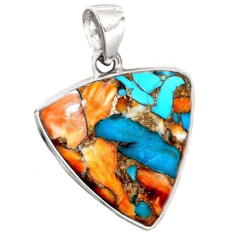 Natural Spiny Oyster Arizona Turquoise Triangle Gemstone set in Solid .925 Sterling Silver Pendant