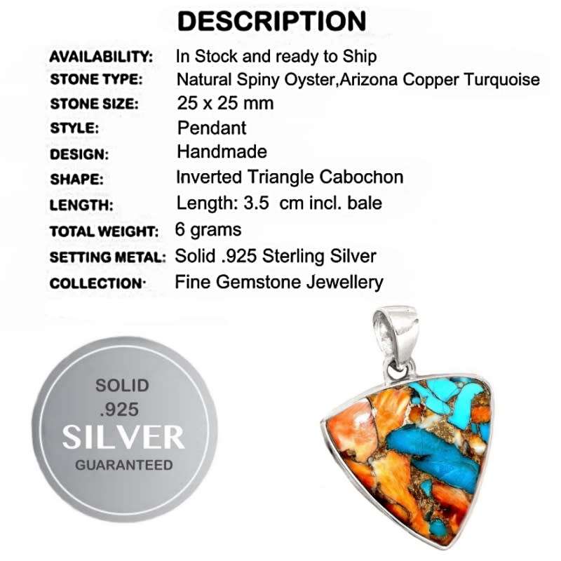 Natural Spiny Oyster Arizona Turquoise Triangle Gemstone set in Solid .925 Sterling Silver Pendant