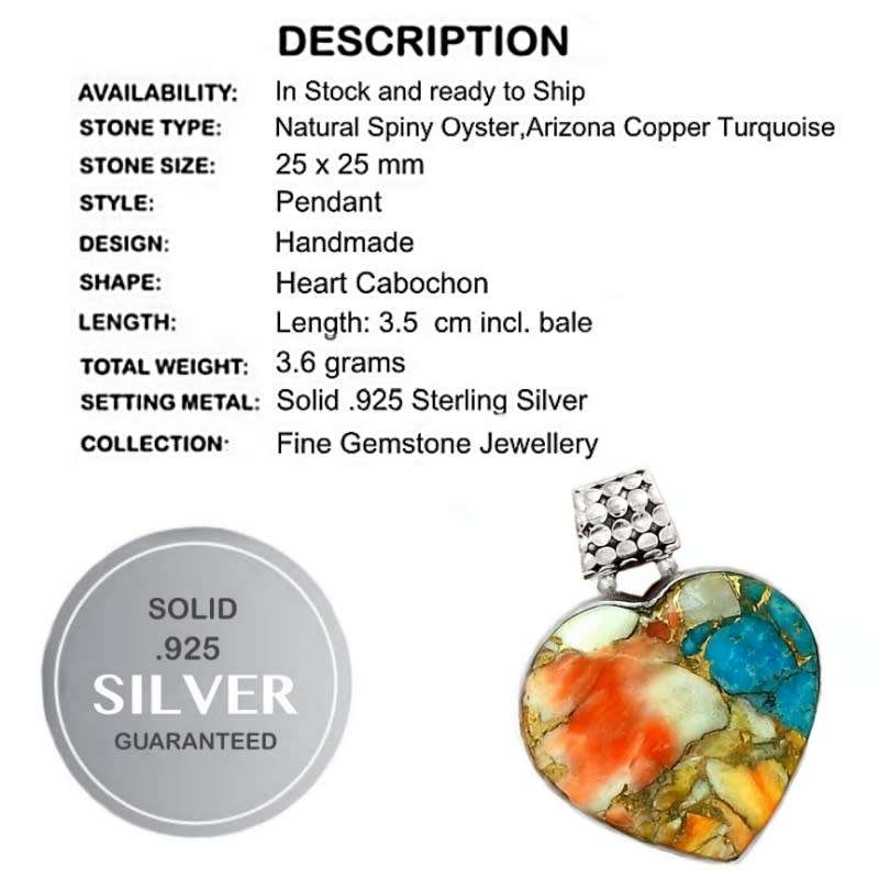 Natural Spiny Oyster Arizona Turquoise Gemstone set in  Solid .925 Sterling Silver Pendant