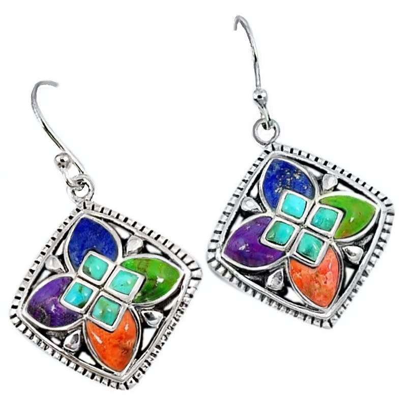 6.81 cts Natural Arizona Copper Turquoise Gemstones in Ornate Solid .925 Sterling Silver Earrings