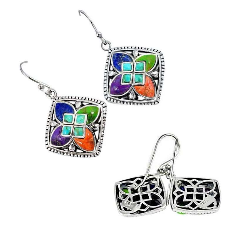 6.81 cts Natural Arizona Copper Turquoise Gemstones in Ornate Solid .925 Sterling Silver Earrings