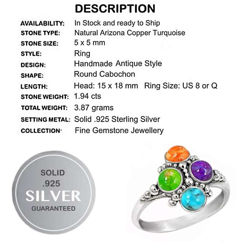 1.94 Cts Natural  South Western Arizona Copper Turquoise Solid .925 Sterling Silver Ring size 8 or Q