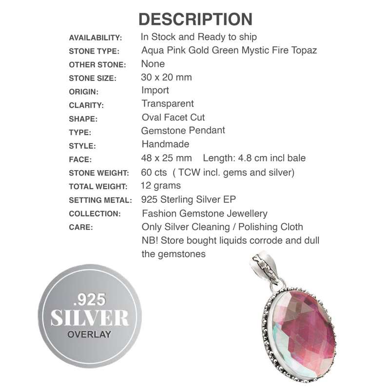 Aqua Pink Green Fire Topaz Oval Facet Cut .925 Sterling Silver Plated Antique Style Pendant