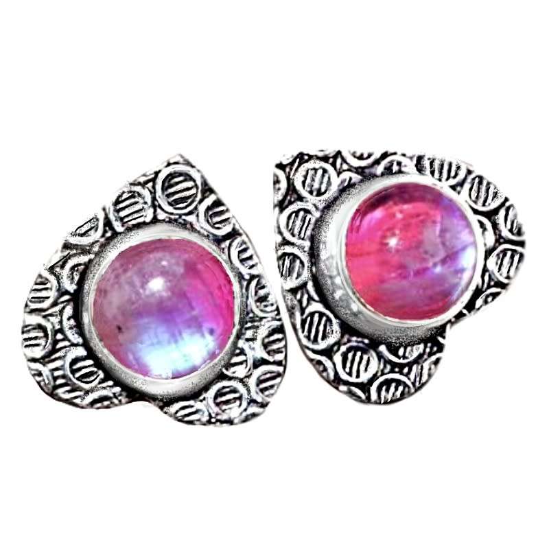 Antique Style Pink Rainbow Moonstone 925 Sterling Silver Plated Handmade Earrings