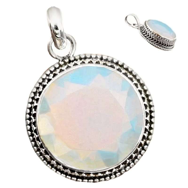 26 cts Fire Opalite Round Gemstone set in Antique Style Solid .925 Sterling Silver Pendant